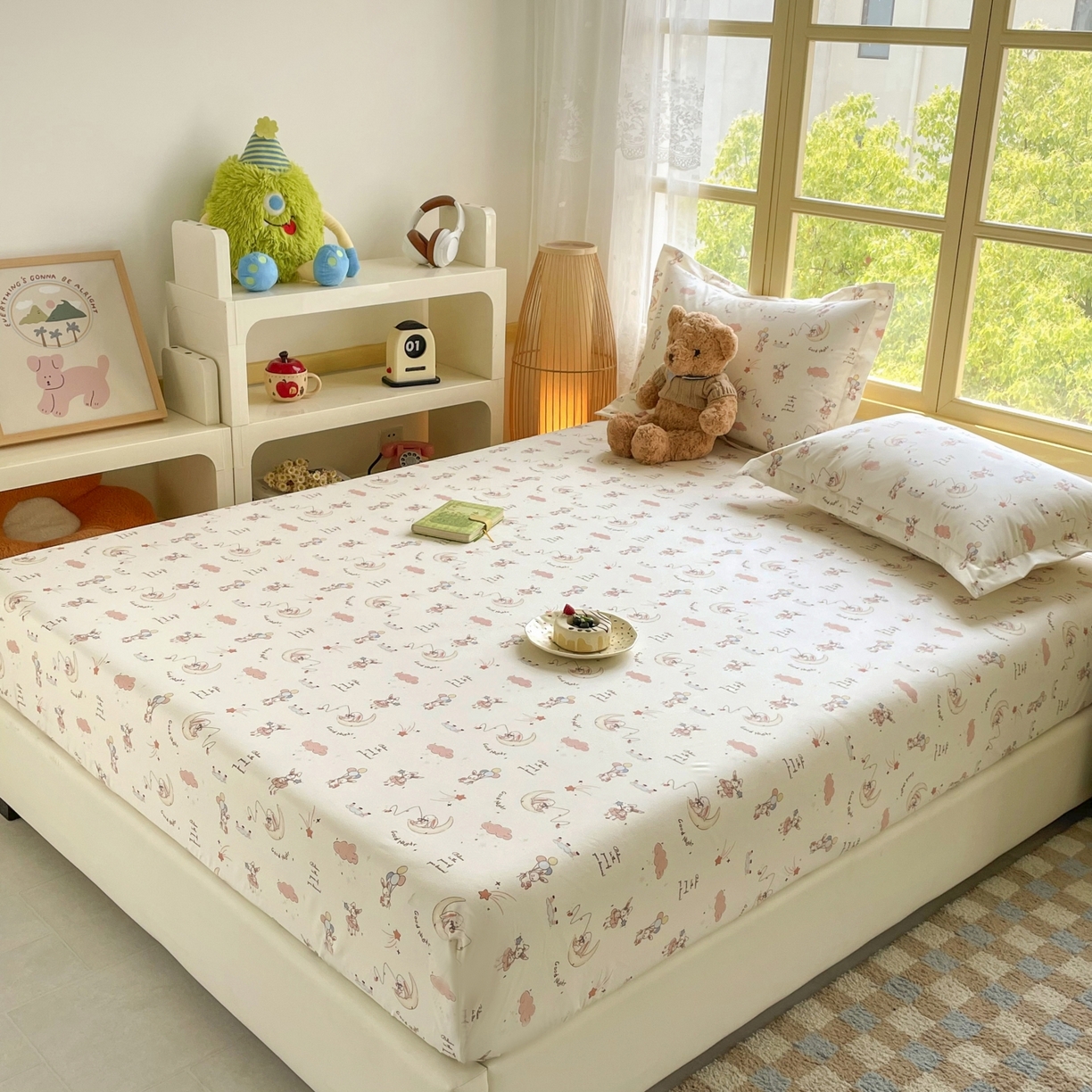 91家纺网 家纺一手货源 找家纺 豪选家纺 2025新款双层纱单层印花床笠 弯弯月亮兔