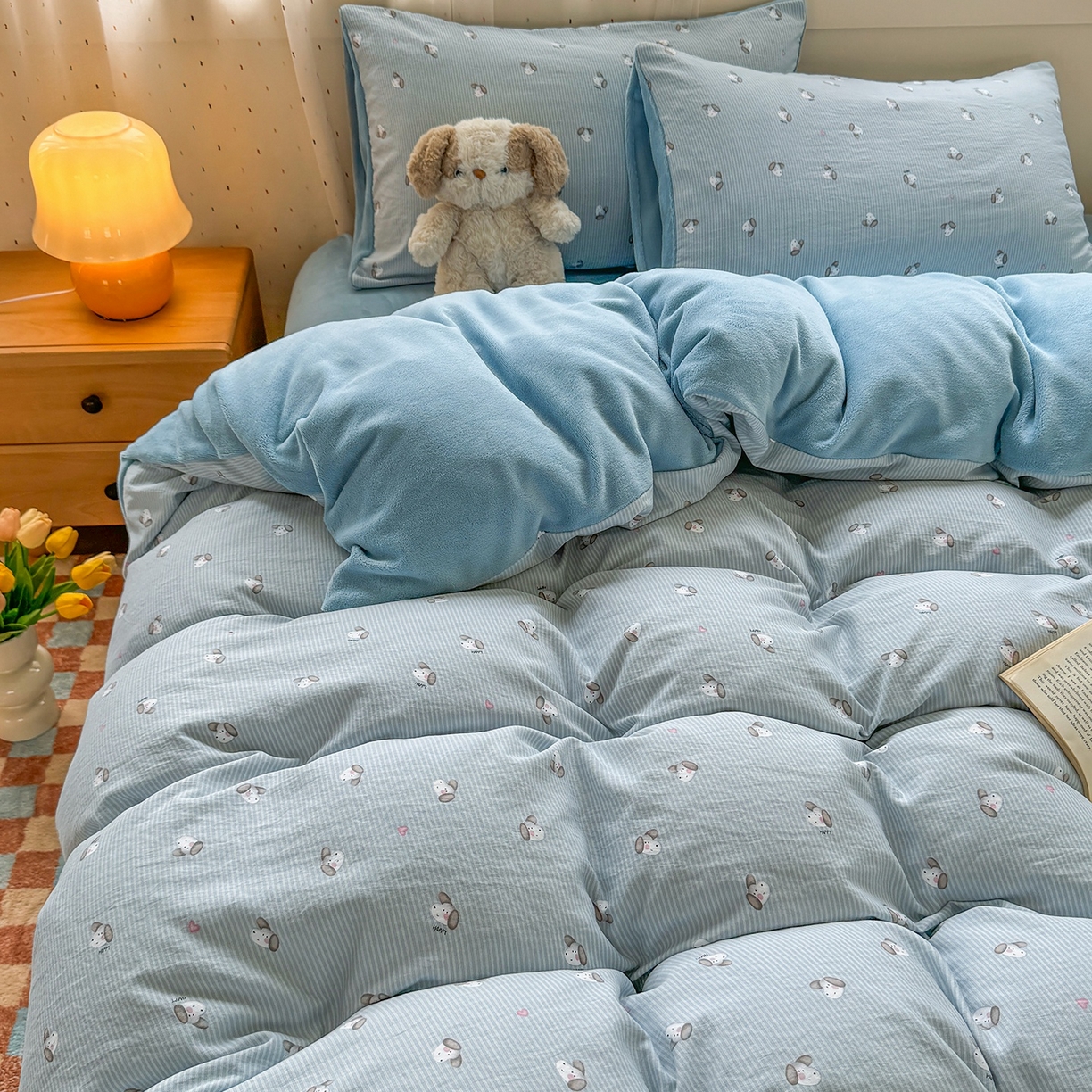 十一家居 2025年新款A类云斜棉+牛奶绒春秋冬正反两用四件套—星漾系列 星漾-海盐狗狗