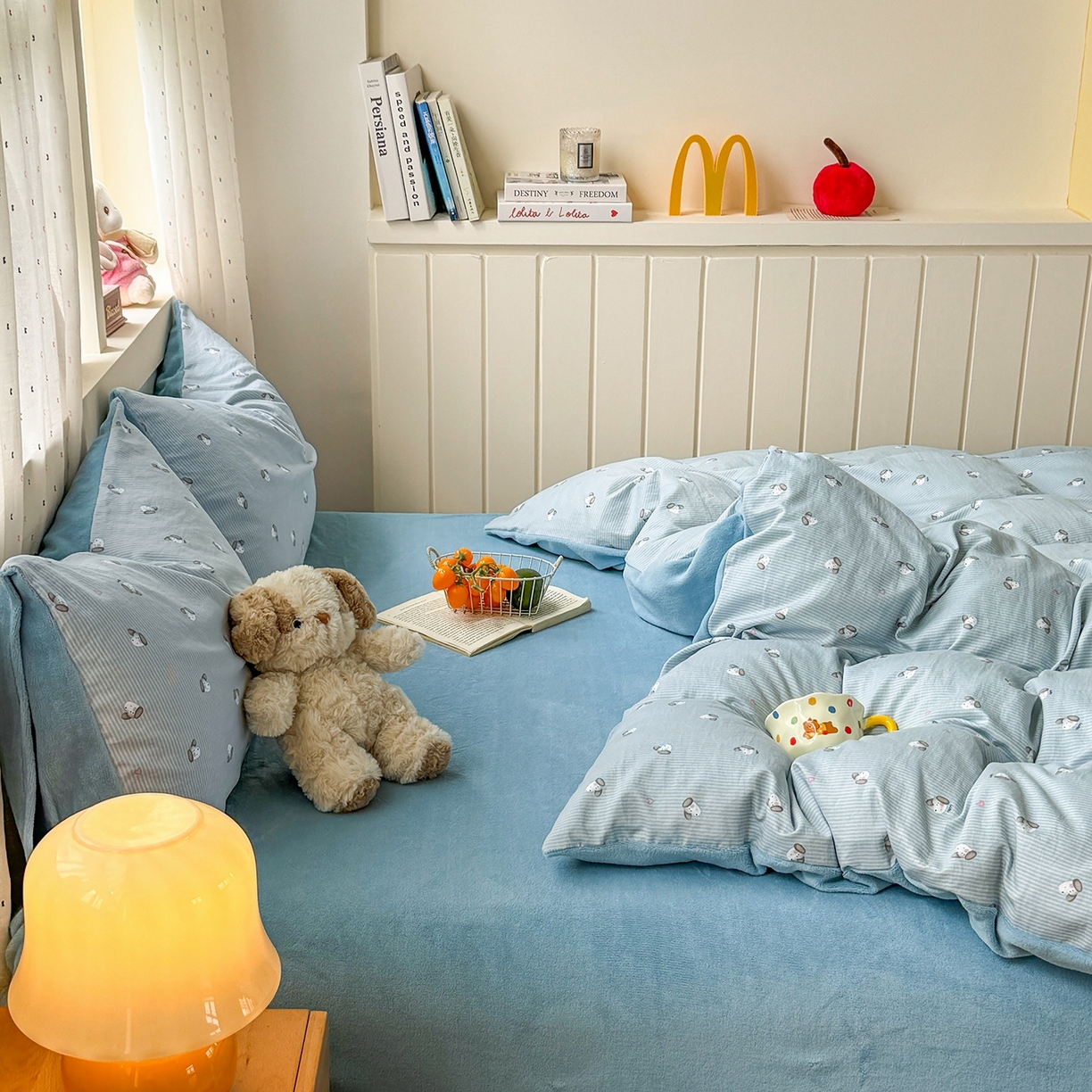 91家纺网 家纺一手货源 找家纺 十一家居 2025年新款A类云斜棉+牛奶绒春秋冬正反两用四件套—星漾系列 星漾-海盐狗狗