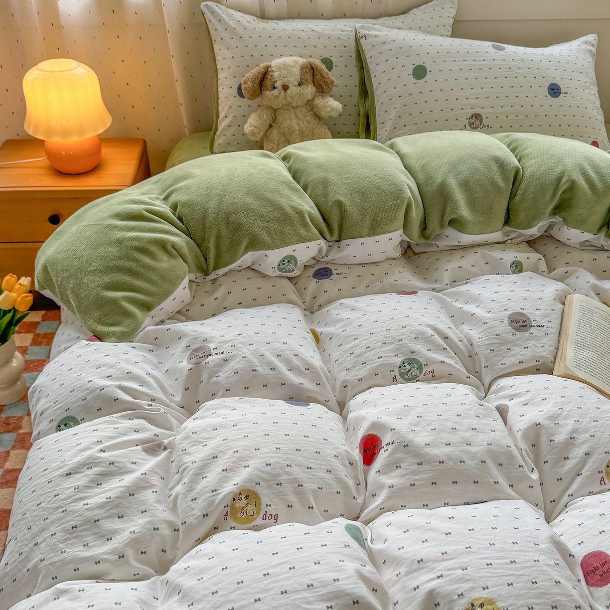 91家纺网 家纺一手货源 找家纺 十一家居 2025年新款A类云斜棉+牛奶绒春秋冬正反两用四件套—星漾系列 星漾-趣点萌宠