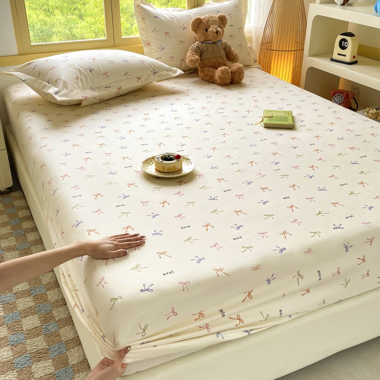 91家纺网 家纺一手货源 找家纺 豪选家纺 2025新款双层纱单层印花床笠 七彩蝴蝶结