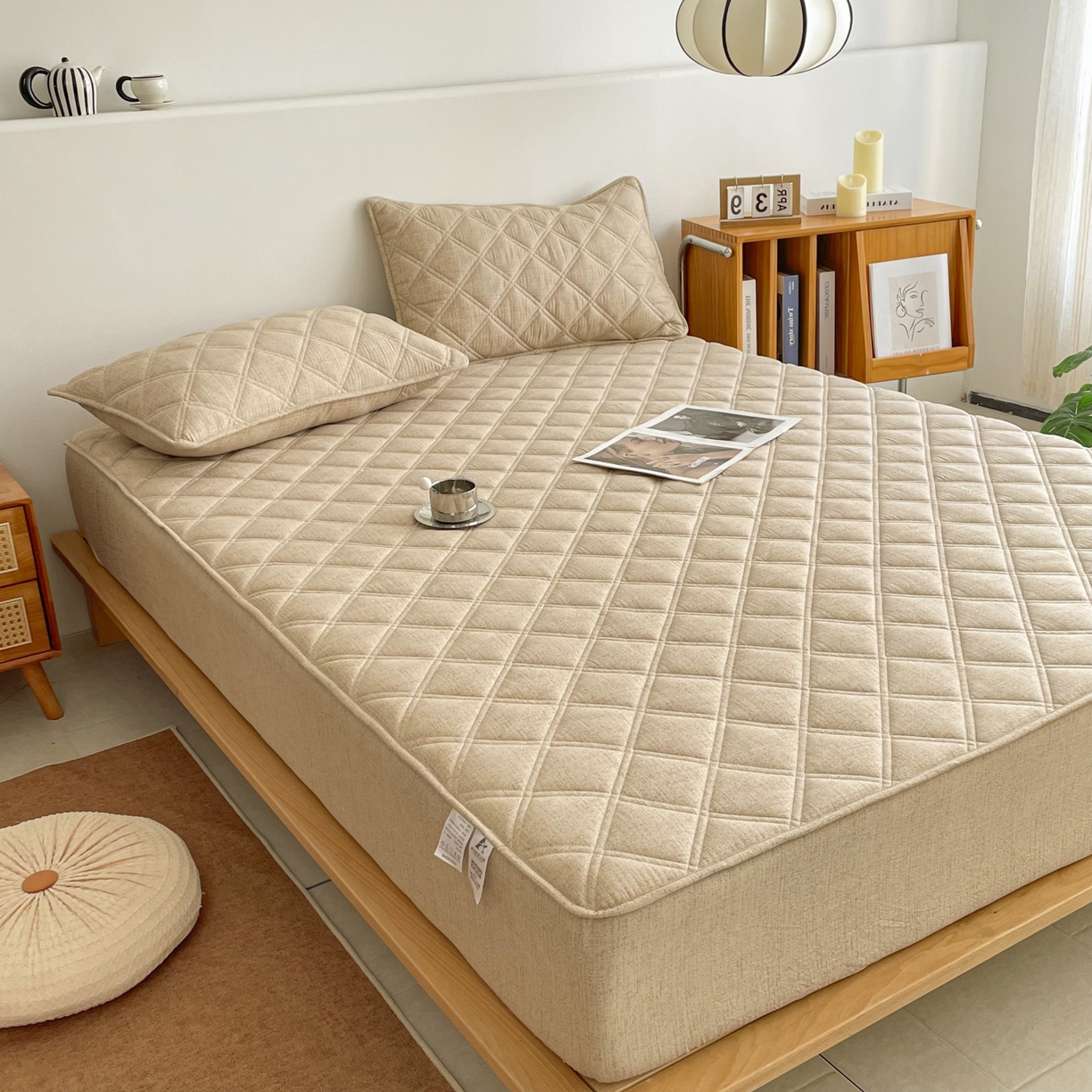 91家纺网 家纺一手货源 找家纺 豪选家纺 2025新款仿亚麻夹棉棉花床笠 卡其驼