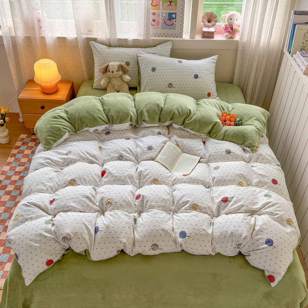 91家纺网 家纺一手货源 找家纺 十一家居 2025年新款A类云斜棉+牛奶绒春秋冬正反两用四件套—星漾系列 星漾-趣点萌宠