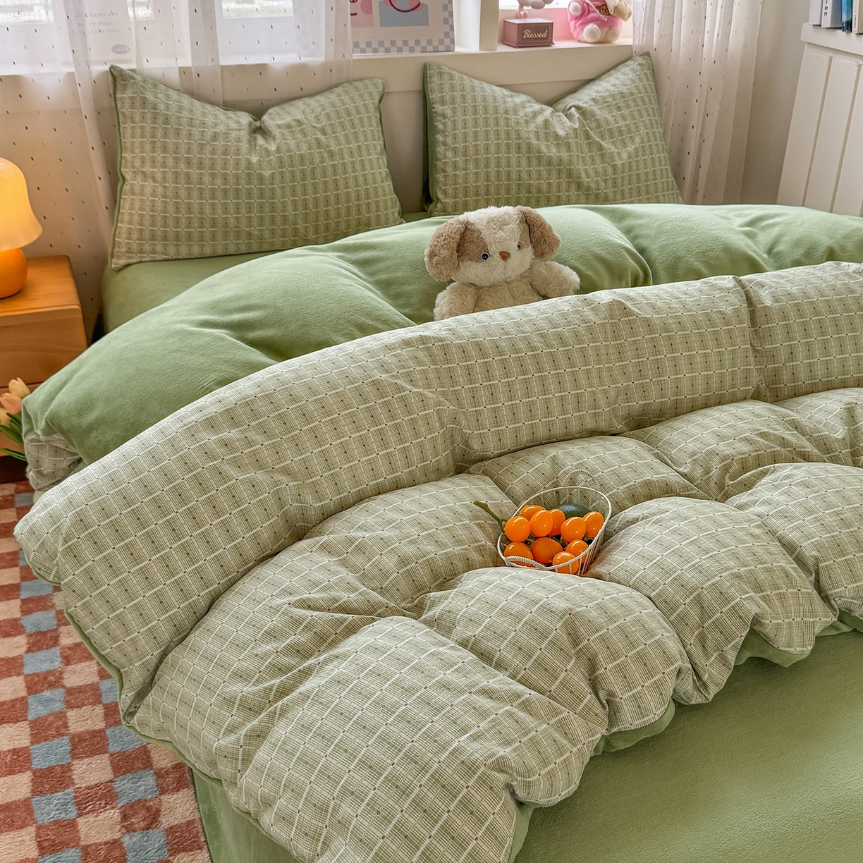 91家纺网 家纺一手货源 找家纺 十一家居 2025年新款A类云斜棉+牛奶绒春秋冬正反两用四件套—星漾系列 星漾-绿韵星辰