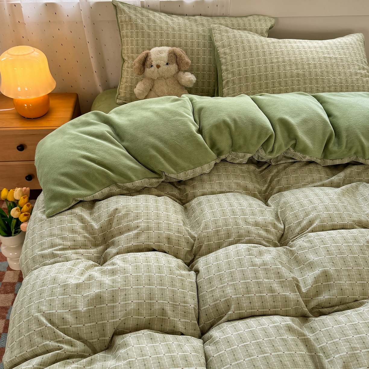 十一家居 2025年新款A类云斜棉+牛奶绒春秋冬正反两用四件套—星漾系列 星漾-绿韵星辰