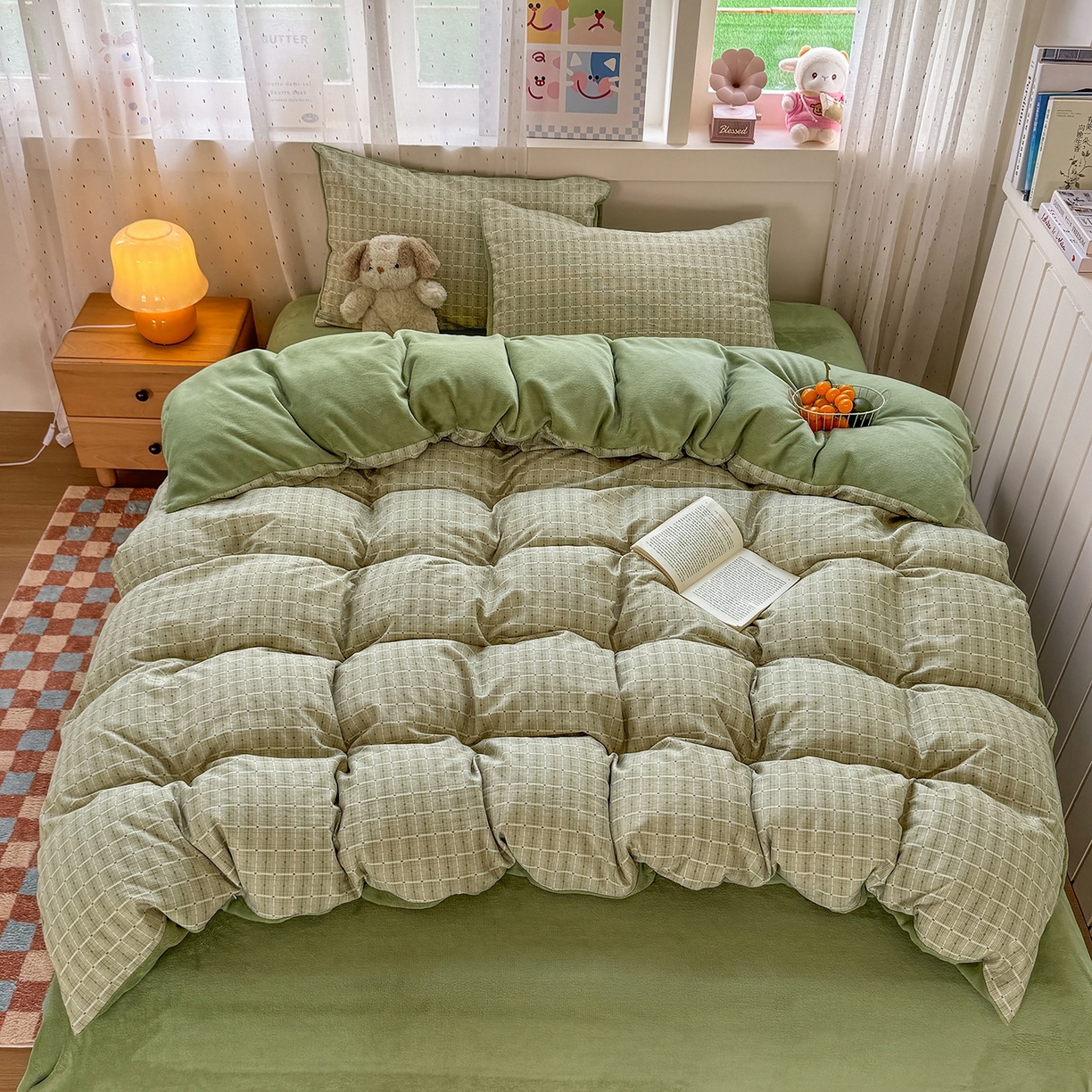 91家纺网 家纺一手货源 找家纺 十一家居 2025年新款A类云斜棉+牛奶绒春秋冬正反两用四件套—星漾系列 星漾-绿韵星辰