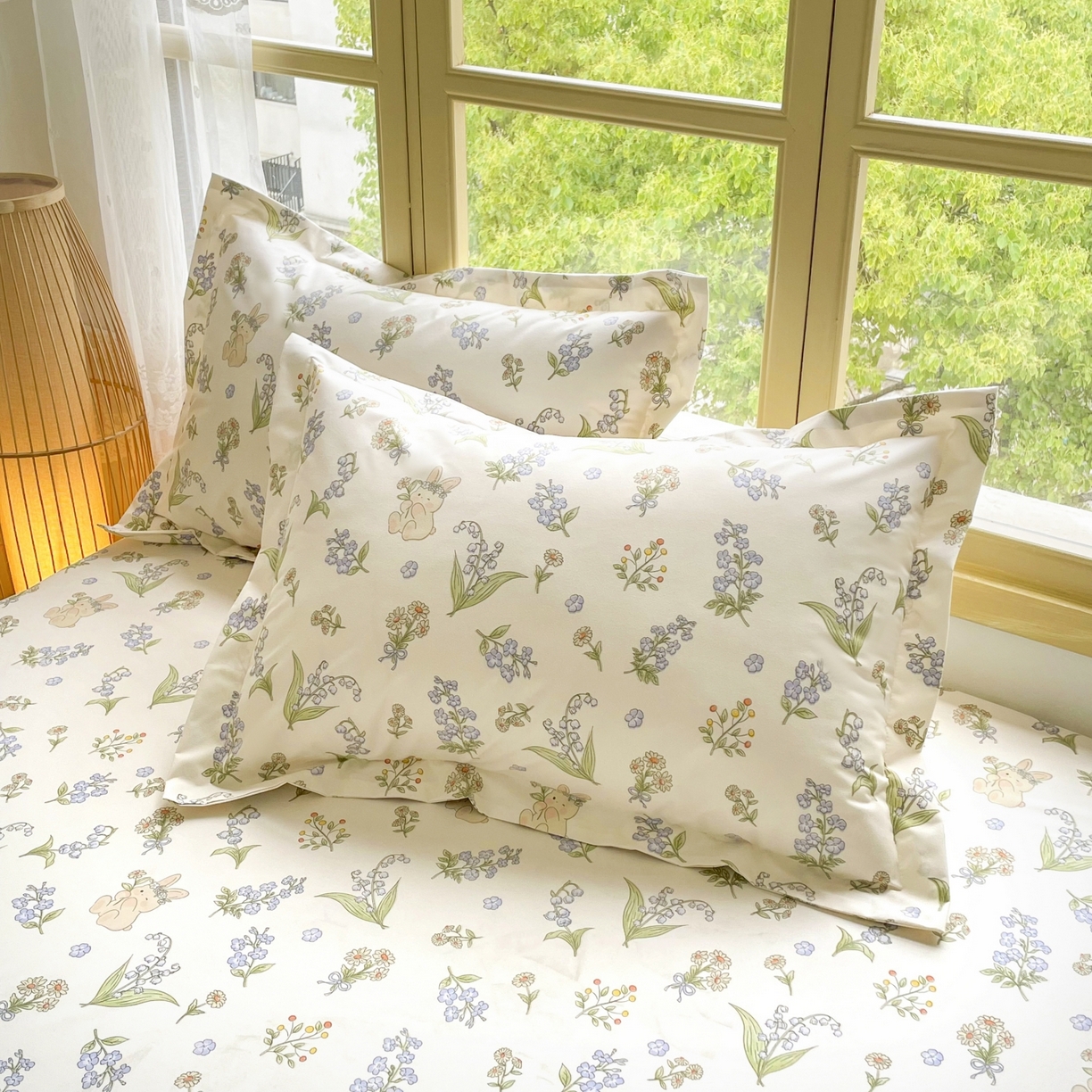 豪选家纺 2025新款双层纱单层印花防水枕套 花间迷小兔