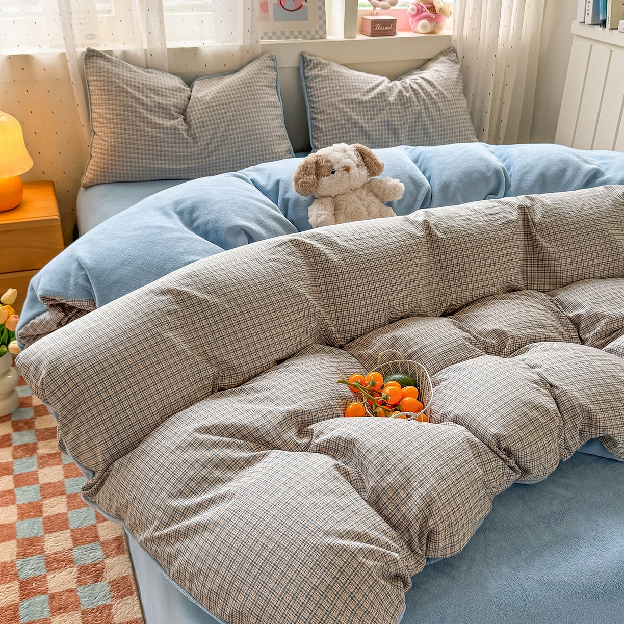 91家纺网 家纺一手货源 找家纺 十一家居 2025年新款A类云斜棉+牛奶绒春秋冬正反两用四件套—星漾系列 星漾-布朗格灰