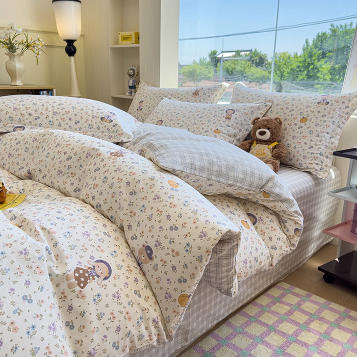 91家纺网 家纺一手货源 找家纺 绵庭家纺 2025新款秋季全棉印花单品被套 碎花兔熊