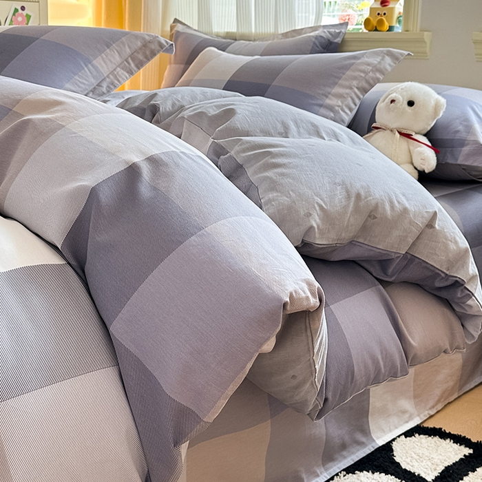 绵庭家纺 2025新款秋季全棉印花单品被套 烟花格章 灰