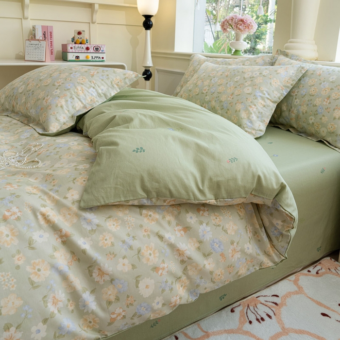 91家纺网 家纺一手货源 找家纺 绵庭家纺 2025新款秋季全棉印花单品被套 阳光花朵 绿