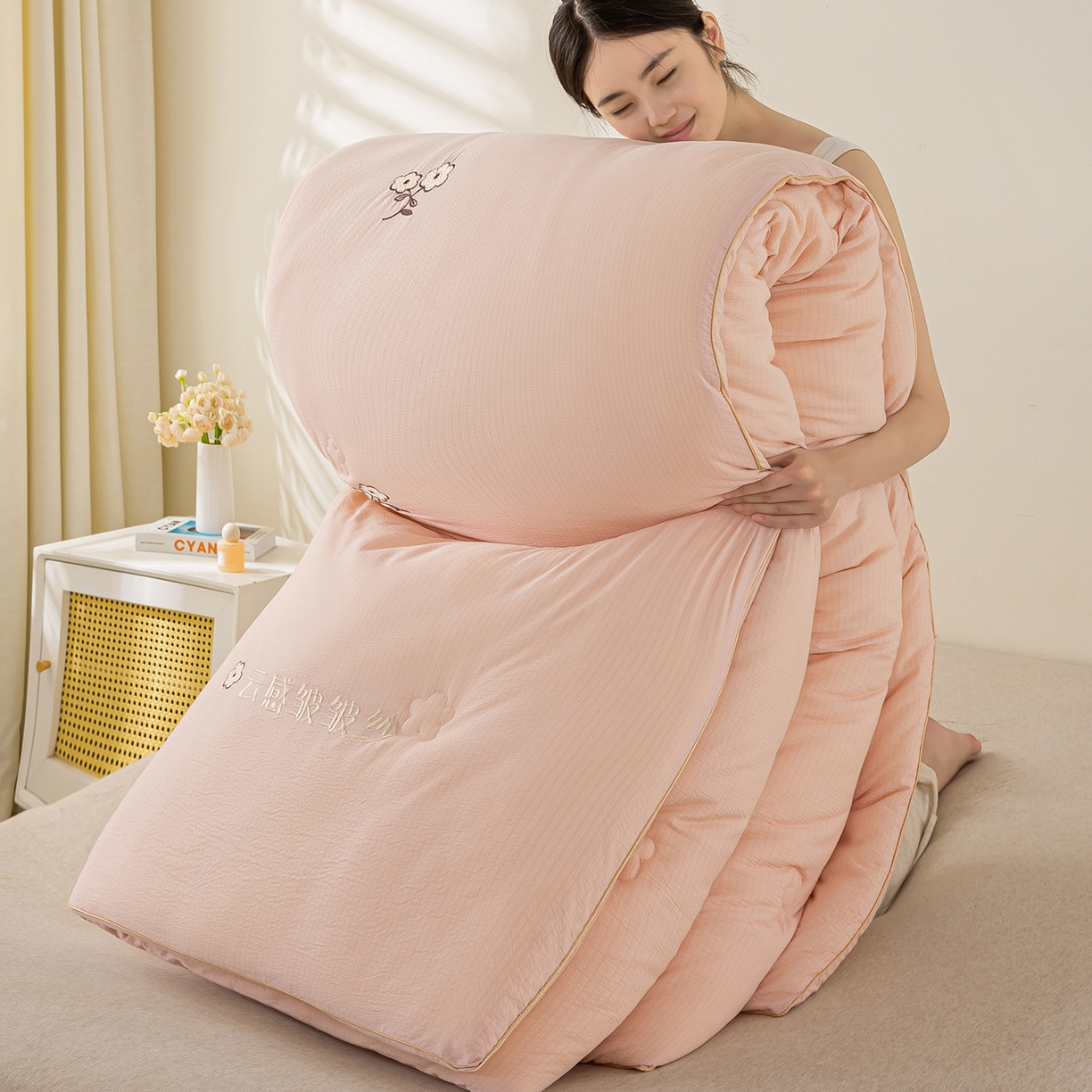 宝士康家纺 2025新品麻绳款绣花皱皱被 春秋被/被芯/冬被/跨境外贸 粉色