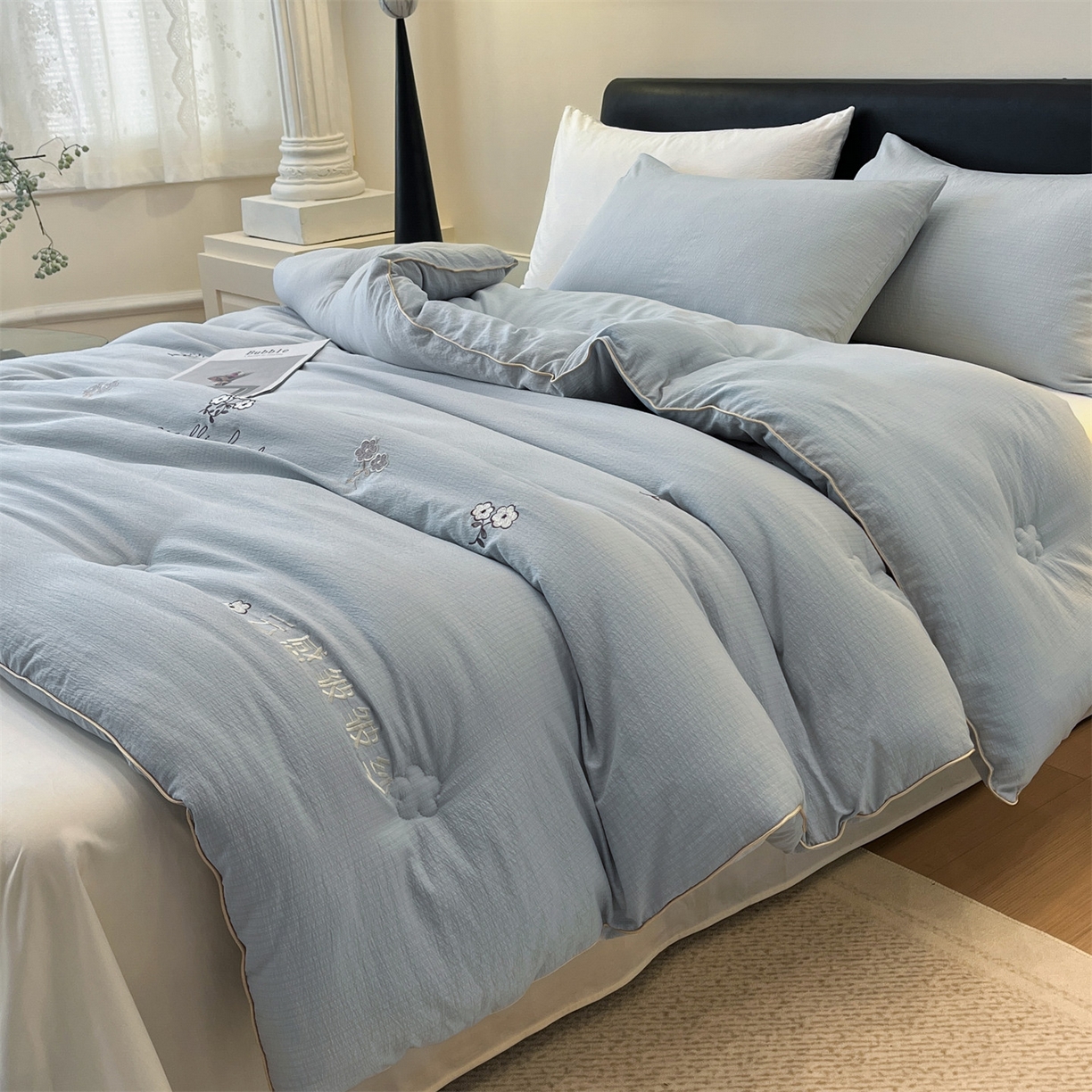 91家纺网 家纺一手货源 找家纺 宝士康家纺 2025新品麻绳款绣花皱皱被 春秋被/被芯/冬被/跨境外贸 浅灰