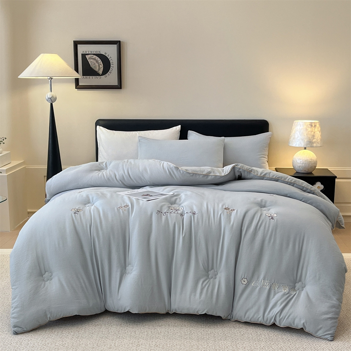 91家纺网 家纺一手货源 找家纺 宝士康家纺 2025新品麻绳款绣花皱皱被 春秋被/被芯/冬被/跨境外贸 浅灰