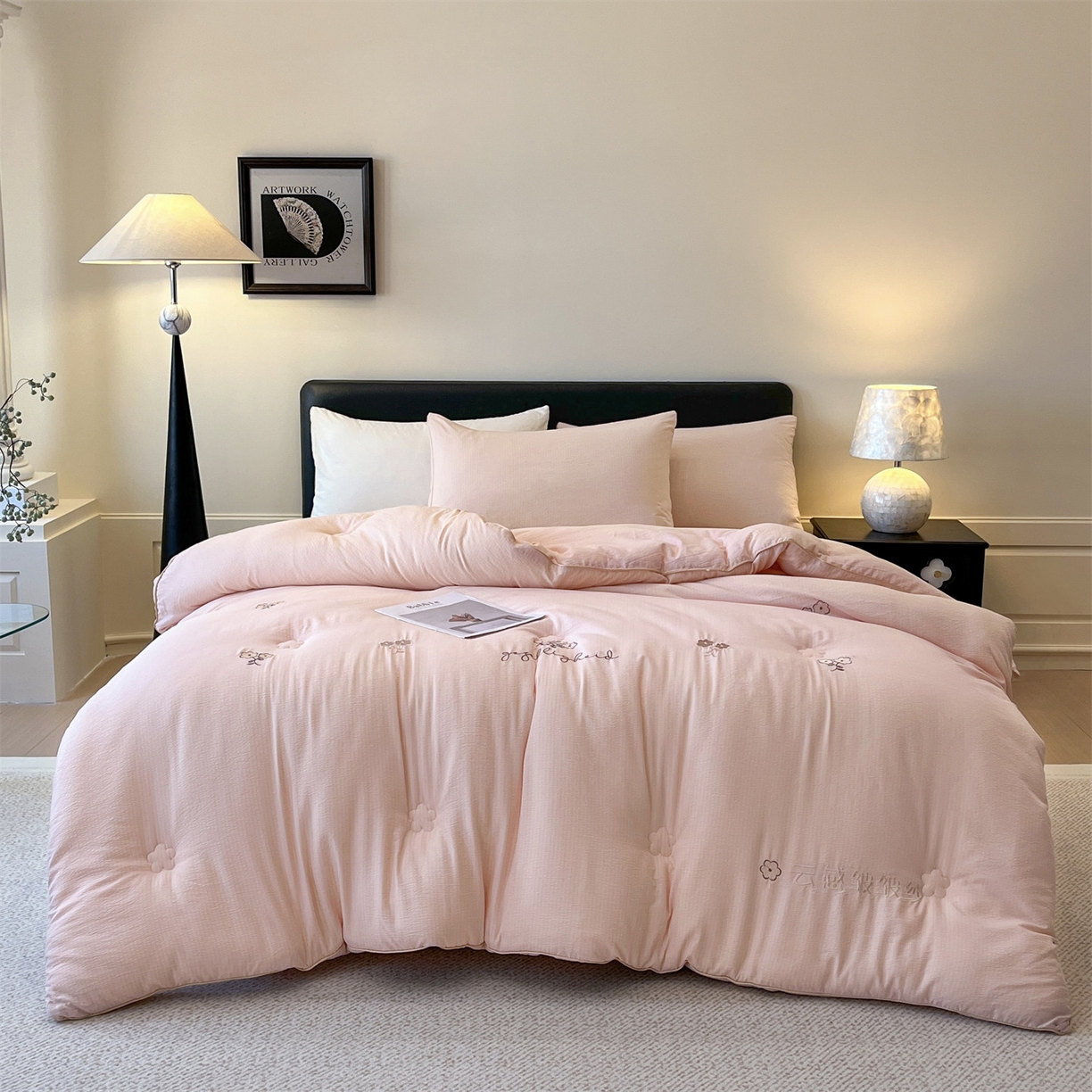 91家纺网 家纺一手货源 找家纺 梵克保罗 2025新品麻绳款绣花皱皱被 春秋被/被芯/冬被/跨境外贸 粉色