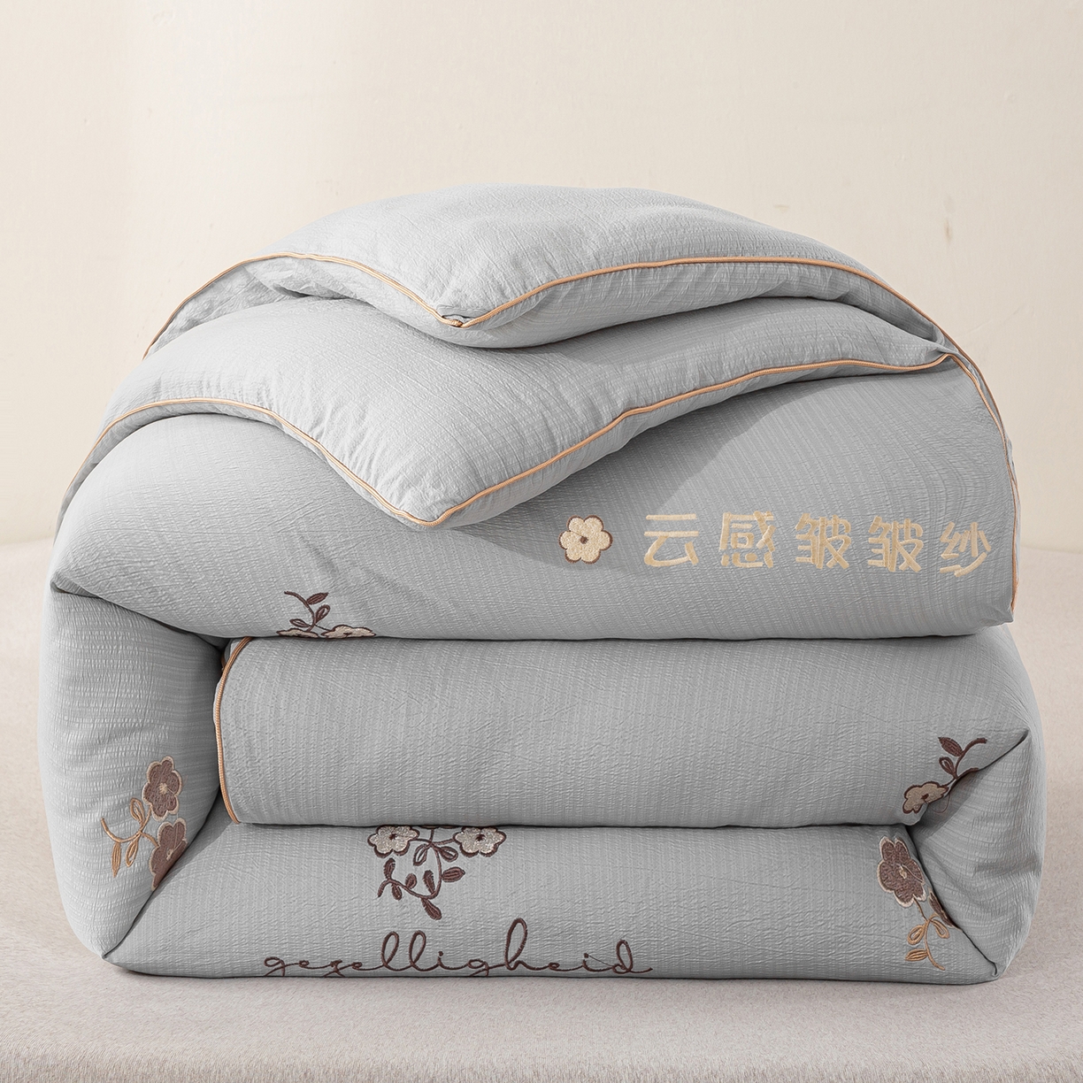 91家纺网 家纺一手货源 找家纺 梵克保罗 2025新品麻绳款绣花皱皱被 春秋被/被芯/冬被/跨境外贸 浅灰