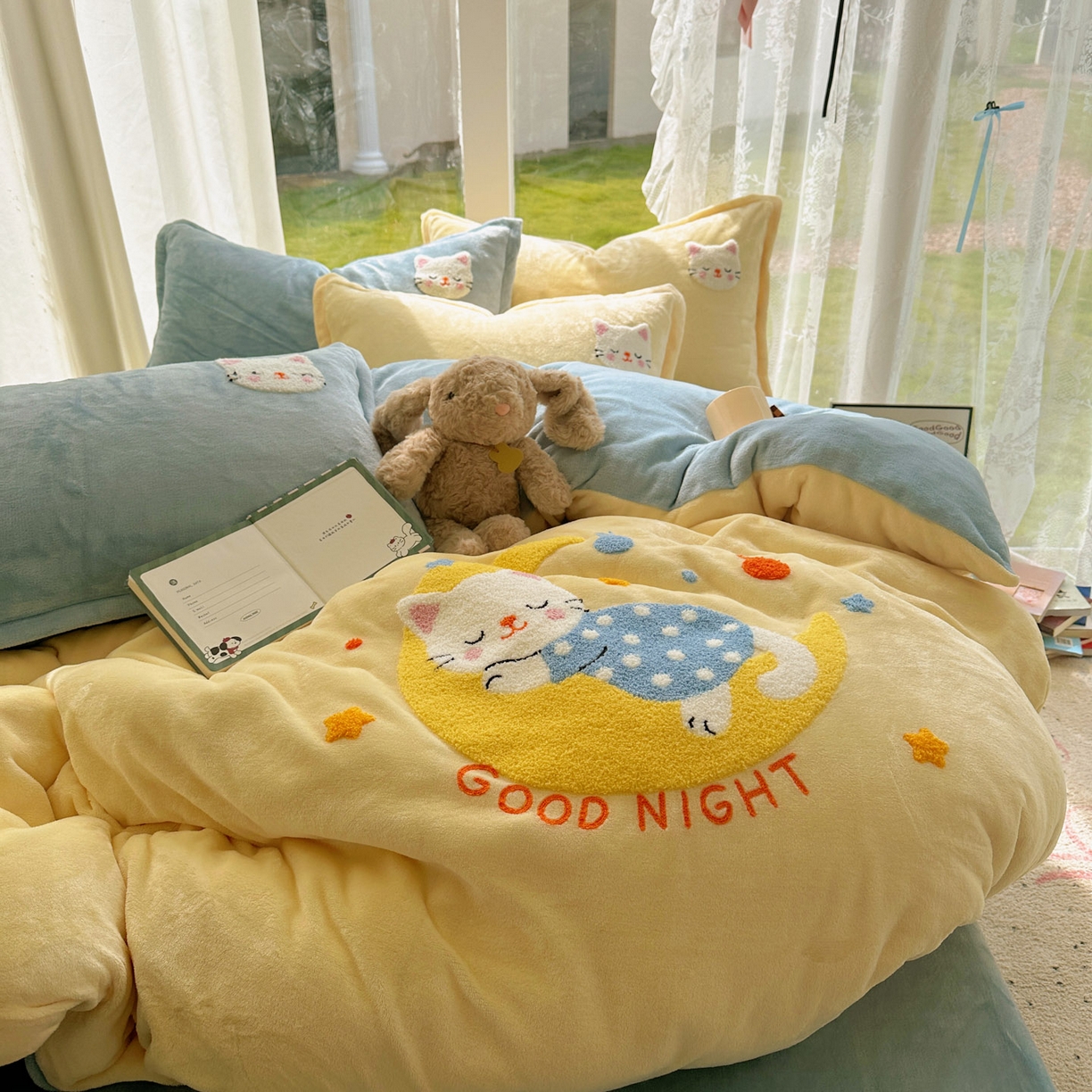 梵克保罗 2025新款A类牛奶绒毛巾绣四件套（包含买家秀） 晚安喵