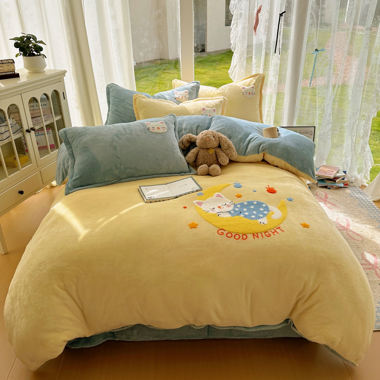 91家纺网 家纺一手货源 找家纺 梵克保罗 2025新款A类牛奶绒毛巾绣四件套（包含买家秀） 晚安喵