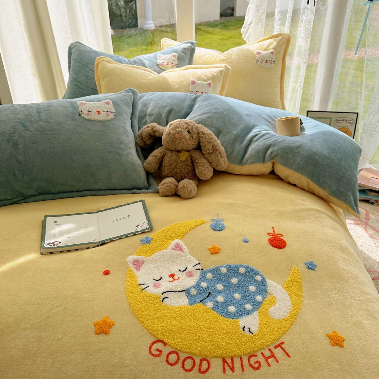 91家纺网 家纺一手货源 找家纺 梵克保罗 2025新款A类牛奶绒毛巾绣四件套（包含买家秀） 晚安喵