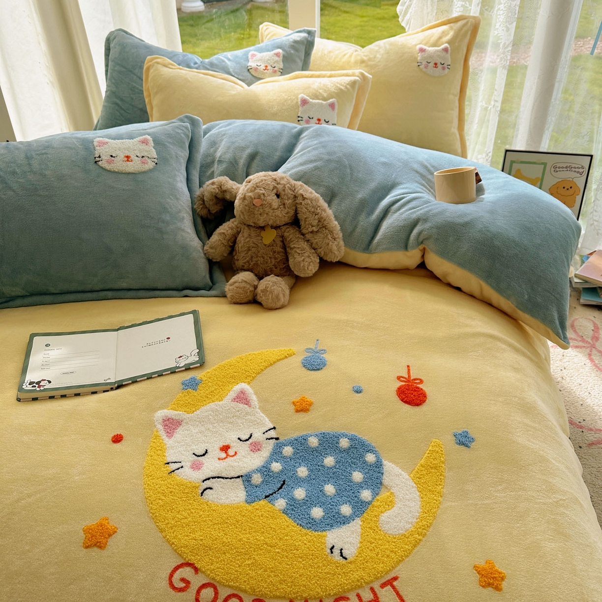 91家纺网 家纺一手货源 找家纺 梵克保罗 2025新款A类牛奶绒毛巾绣四件套（包含买家秀） 晚安喵