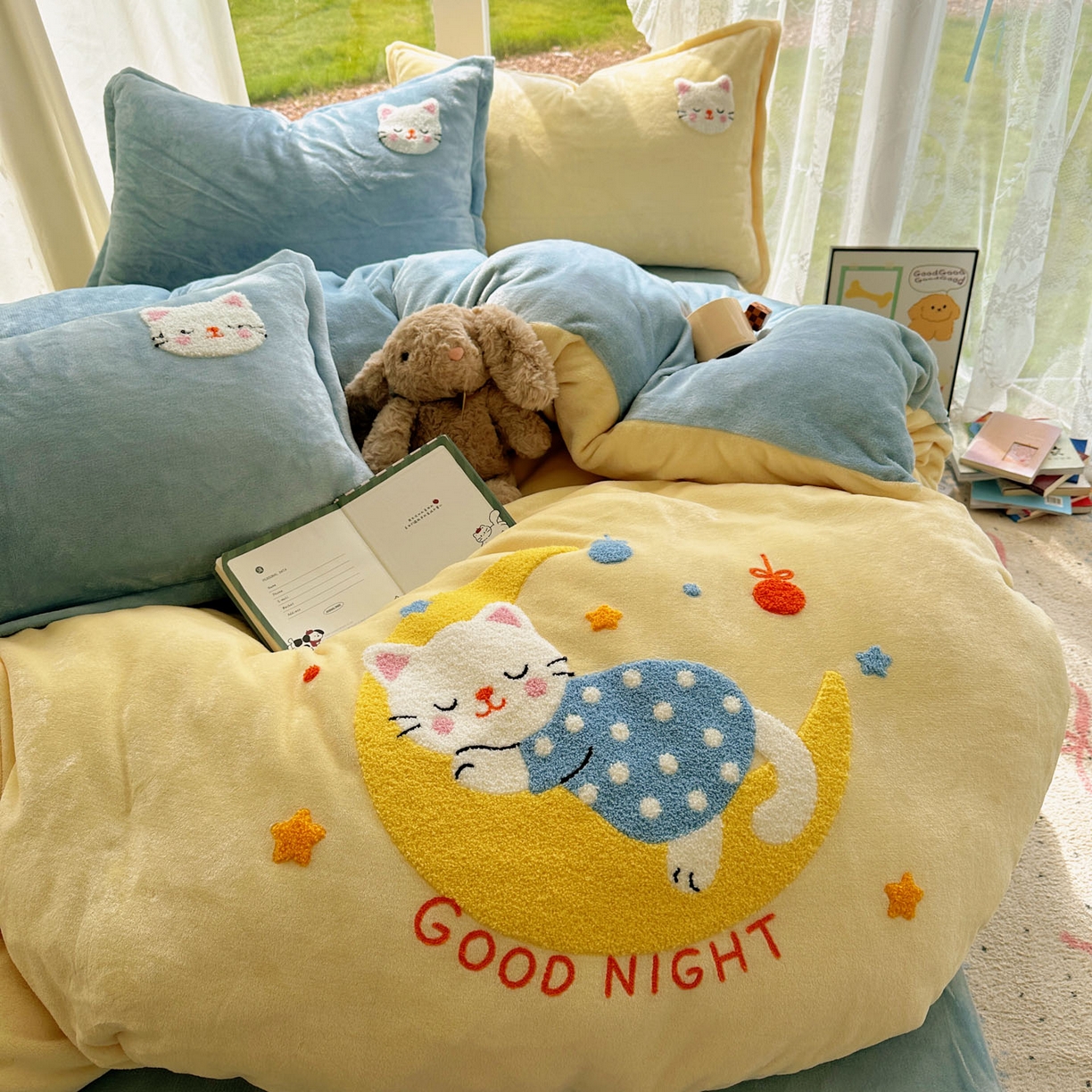 91家纺网 家纺一手货源 找家纺 梵克保罗 2025新款A类牛奶绒毛巾绣四件套（包含买家秀） 晚安喵