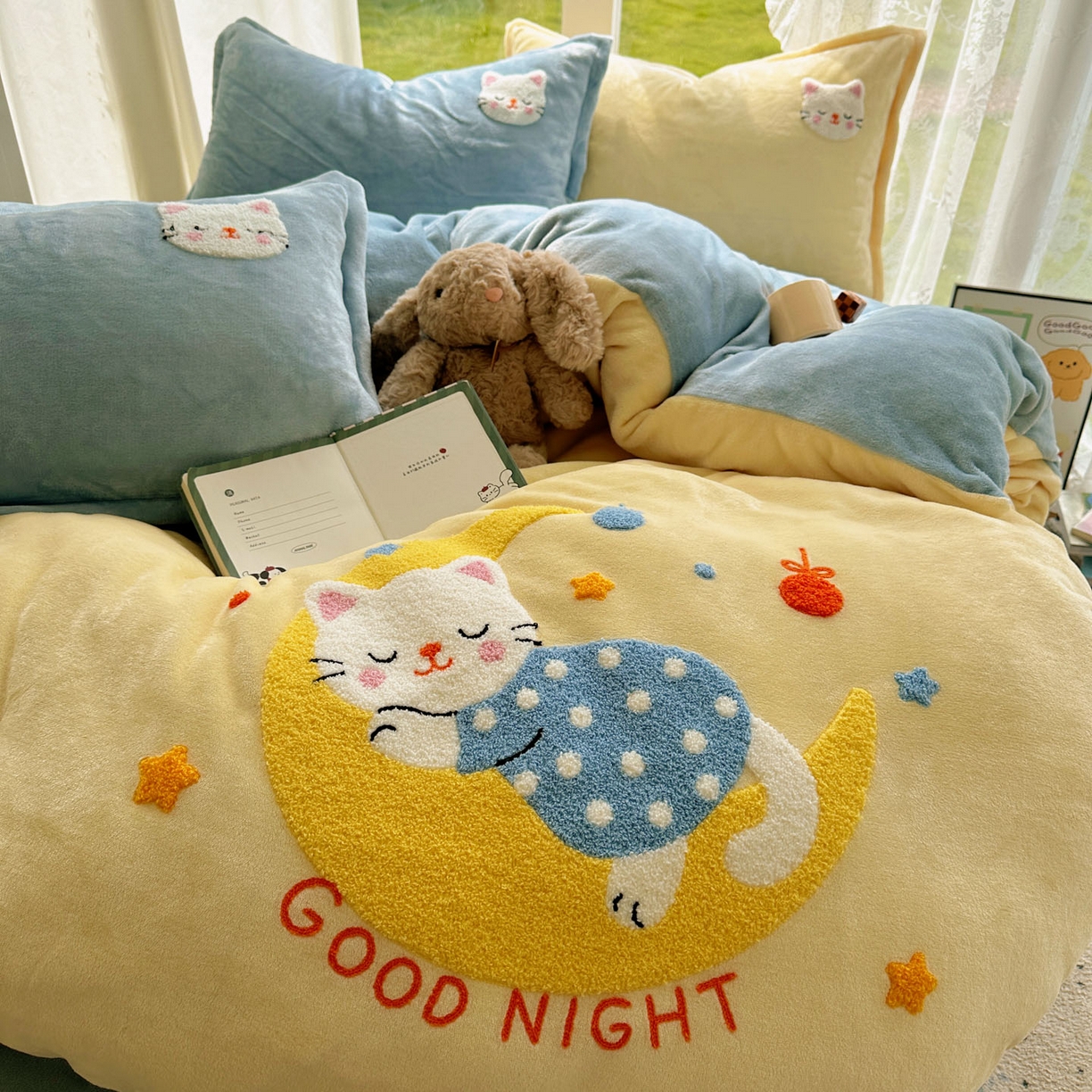 91家纺网 家纺一手货源 找家纺 梵克保罗 2025新款A类牛奶绒毛巾绣四件套（包含买家秀） 晚安喵