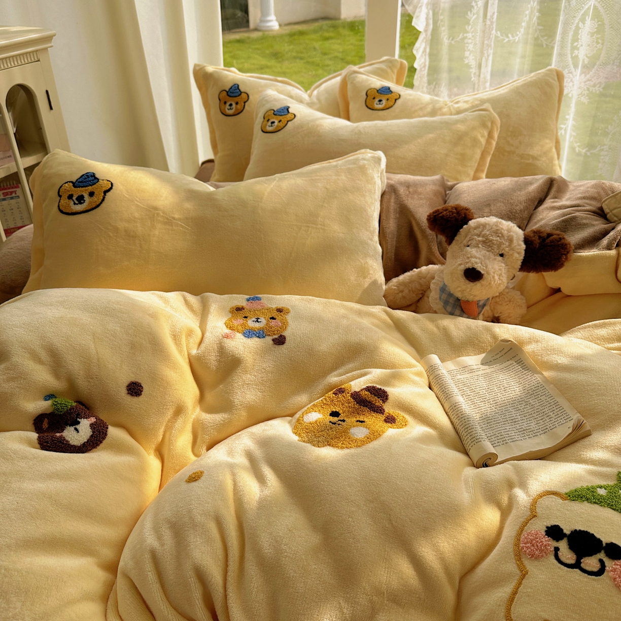 91家纺网 家纺一手货源 找家纺 梵克保罗 2025新款A类牛奶绒毛巾绣四件套（包含买家秀） 趣味熊-黄+咖