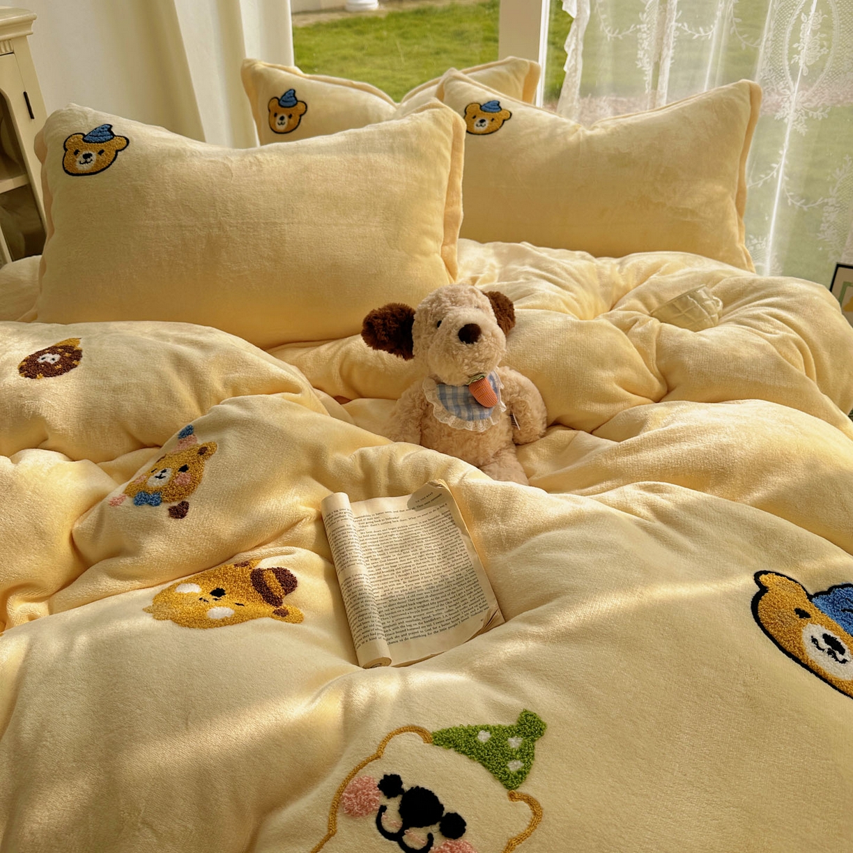 91家纺网 家纺一手货源 找家纺 梵克保罗 2025新款A类牛奶绒毛巾绣四件套（包含买家秀） 趣味熊-黄+咖