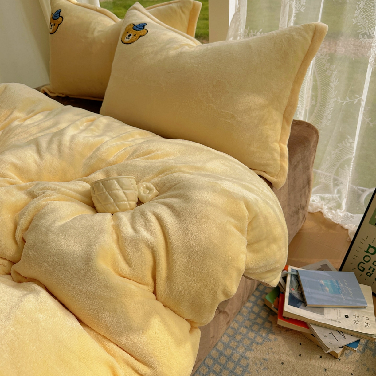 91家纺网 家纺一手货源 找家纺 梵克保罗 2025新款A类牛奶绒毛巾绣四件套（包含买家秀） 趣味熊-黄+咖