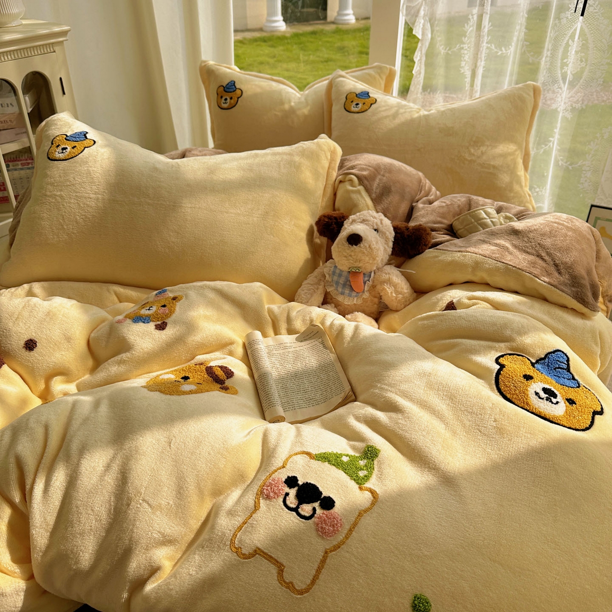 91家纺网 家纺一手货源 找家纺 梵克保罗 2025新款A类牛奶绒毛巾绣四件套（包含买家秀） 趣味熊-黄+咖