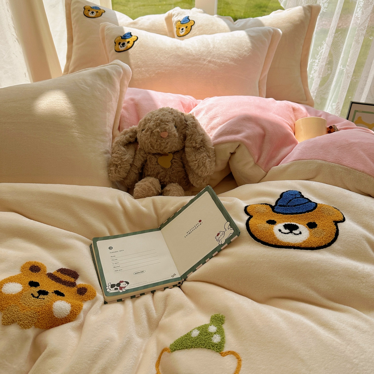 91家纺网 家纺一手货源 找家纺 梵克保罗 2025新款A类牛奶绒毛巾绣四件套（包含买家秀） 趣味熊-奶白+粉