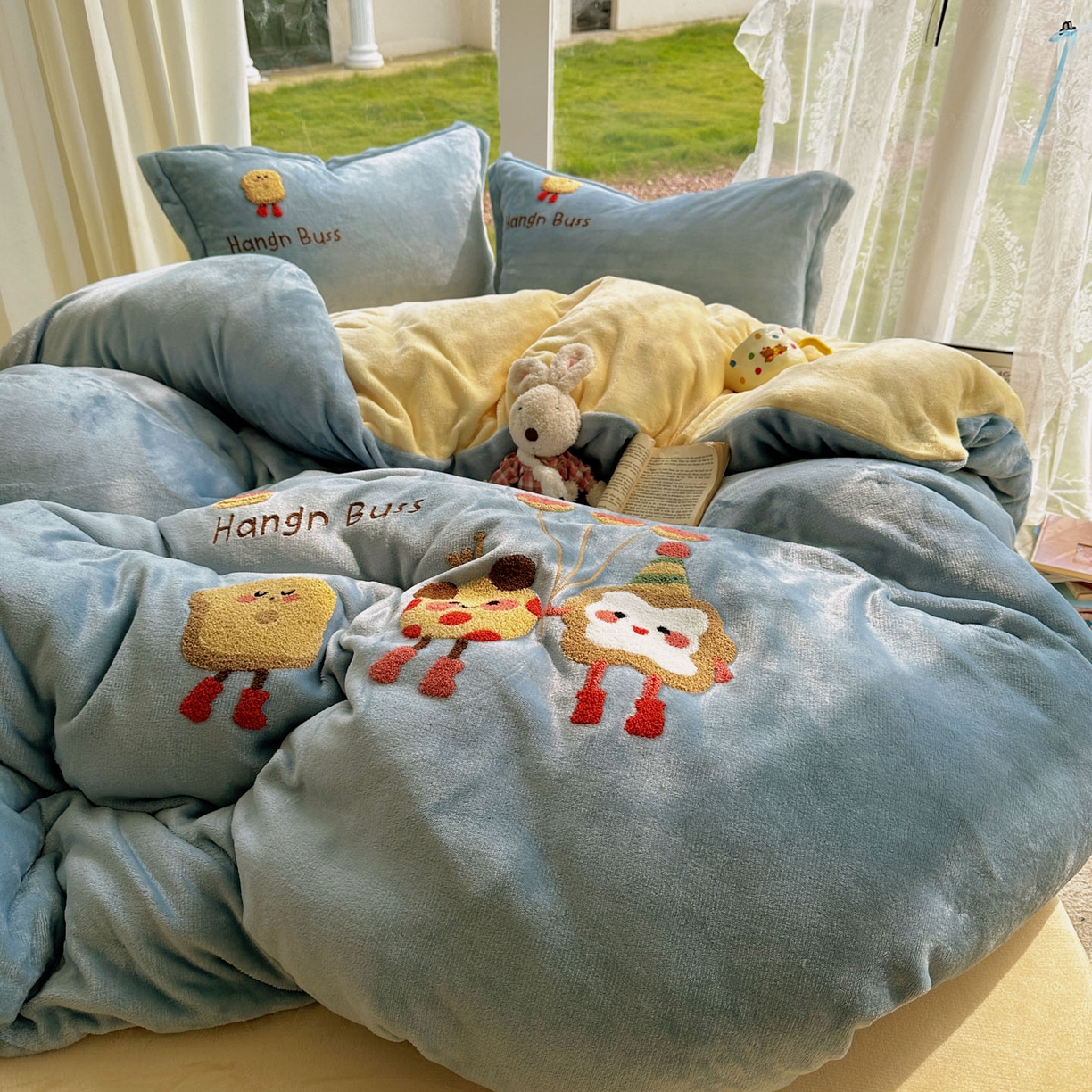 梵克保罗 2025新款A类牛奶绒毛巾绣四件套（包含买家秀） 甜心奶酪蓝+黄