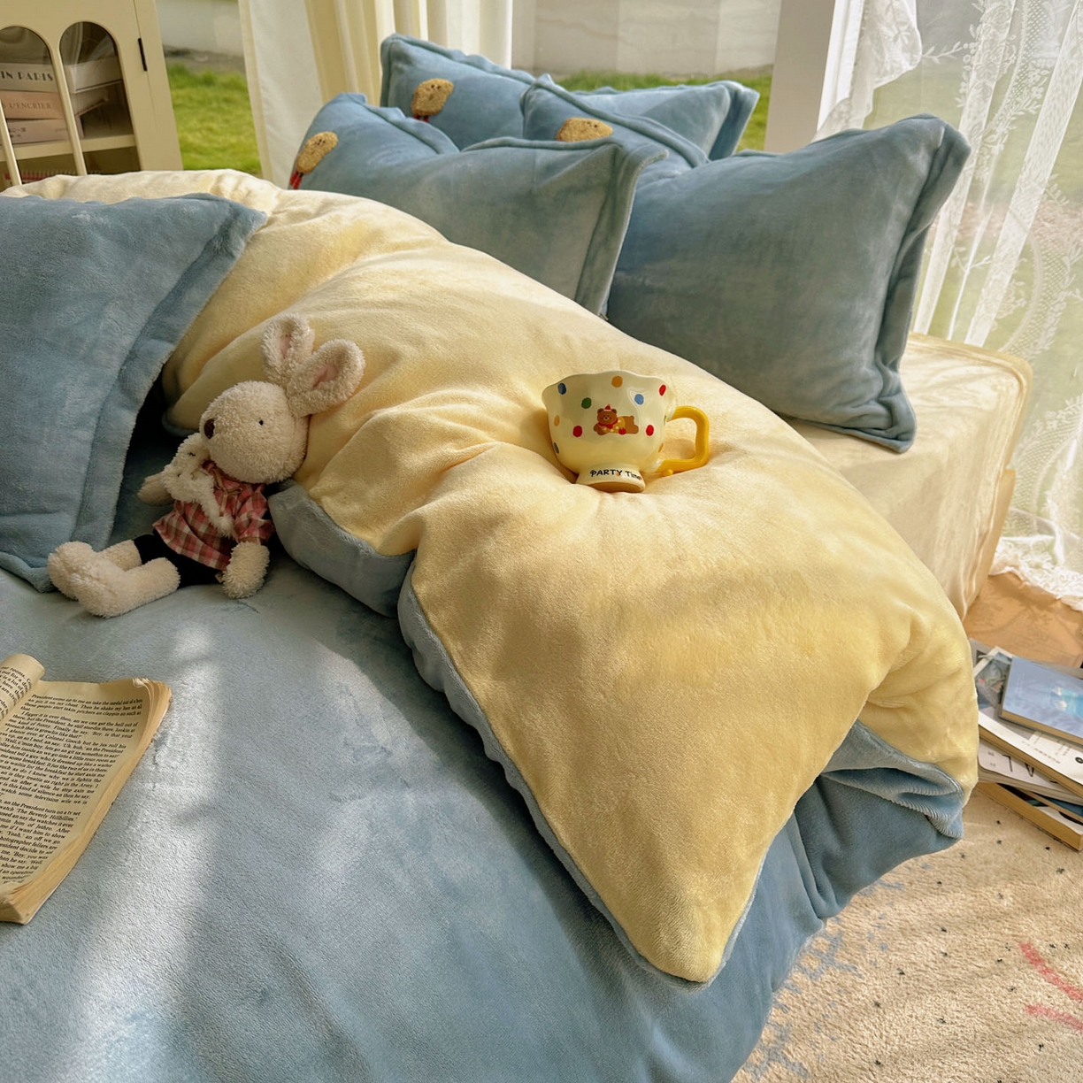 91家纺网 家纺一手货源 找家纺 梵克保罗 2025新款A类牛奶绒毛巾绣四件套（包含买家秀） 甜心奶酪蓝+黄