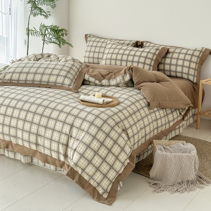 雨田家纺 2025新款A类汉麻双层纱四件套 格韵-咖