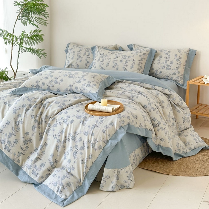 91家纺网 家纺一手货源 找家纺 雨田家纺 2025新款A类汉麻双层纱四件套 繁景如画