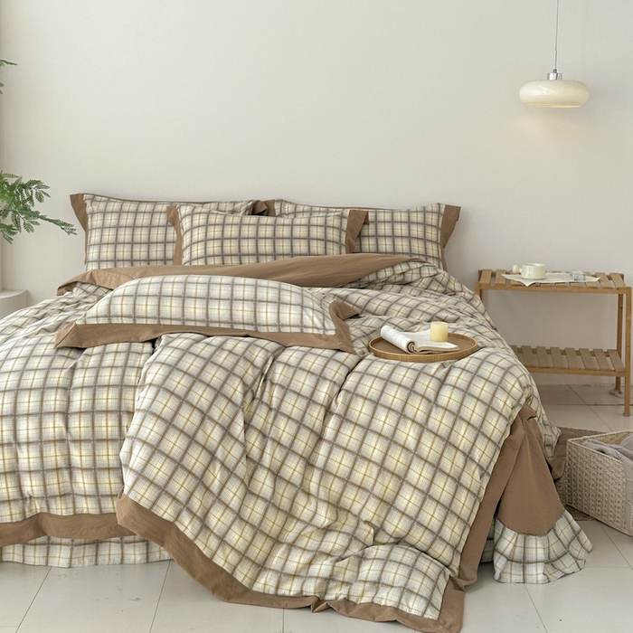 91家纺网 家纺一手货源 找家纺 雨田家纺 2025新款A类汉麻双层纱四件套 格韵-咖