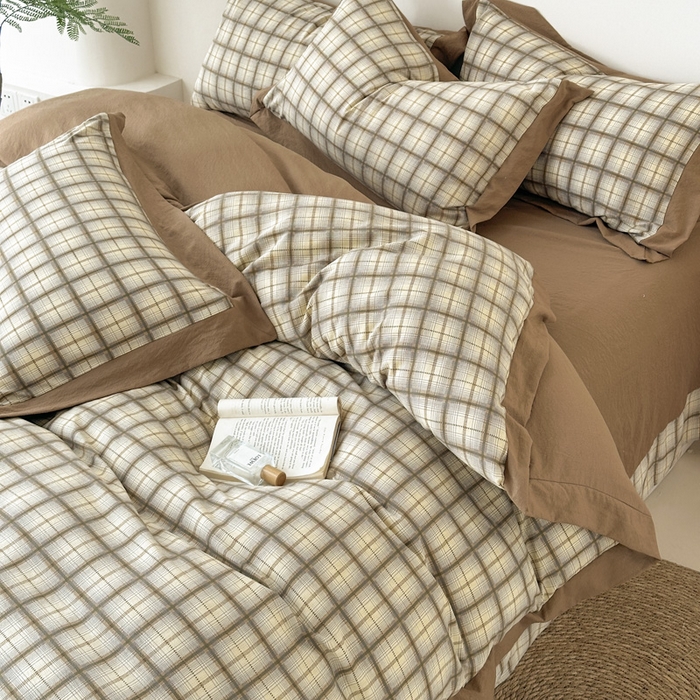 91家纺网 家纺一手货源 找家纺 雨田家纺 2025新款A类汉麻双层纱四件套 格韵-咖