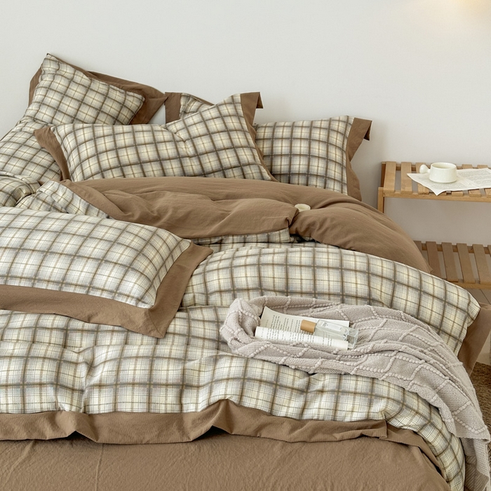 91家纺网 家纺一手货源 找家纺 雨田家纺 2025新款A类汉麻双层纱四件套 格韵-咖