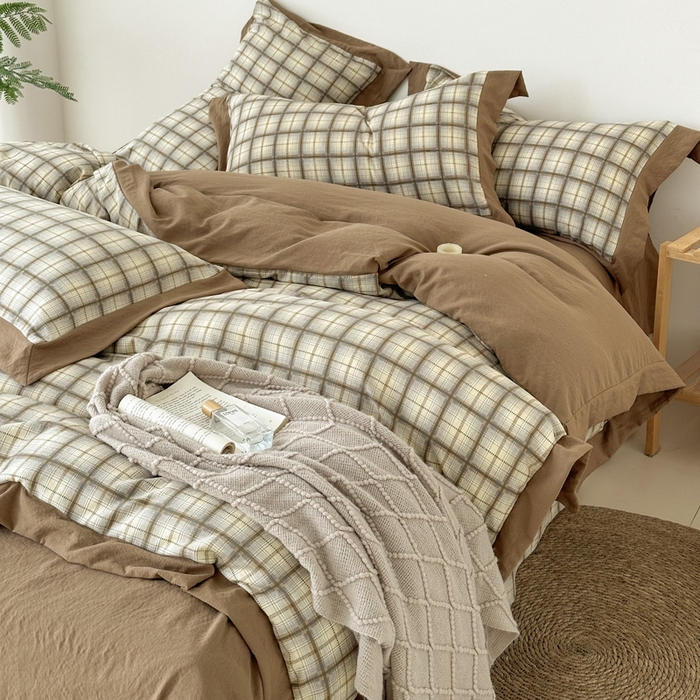 91家纺网 家纺一手货源 找家纺 雨田家纺 2025新款A类汉麻双层纱四件套 格韵-咖