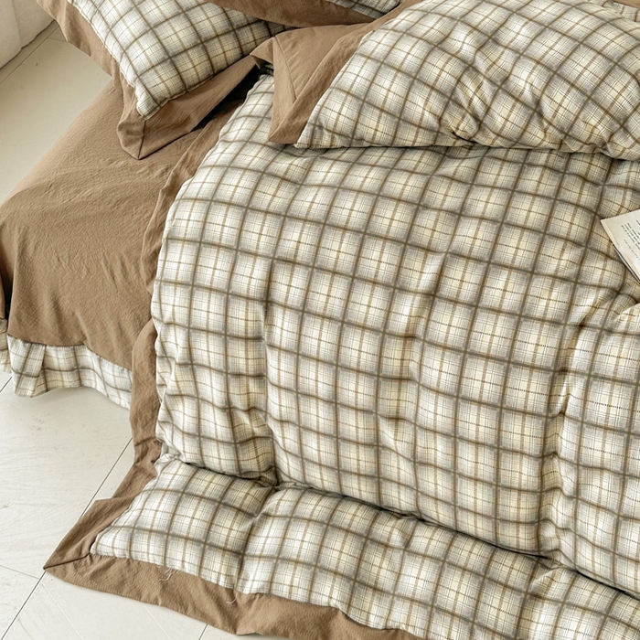 91家纺网 家纺一手货源 找家纺 雨田家纺 2025新款A类汉麻双层纱四件套 格韵-咖