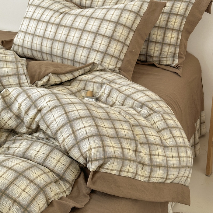 91家纺网 家纺一手货源 找家纺 雨田家纺 2025新款A类汉麻双层纱四件套 格韵-咖