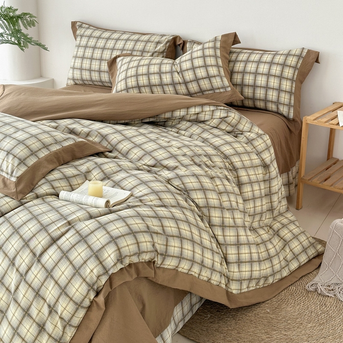 91家纺网 家纺一手货源 找家纺 雨田家纺 2025新款A类汉麻双层纱四件套 格韵-咖