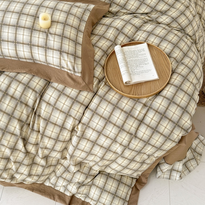 91家纺网 家纺一手货源 找家纺 雨田家纺 2025新款A类汉麻双层纱四件套 格韵-咖