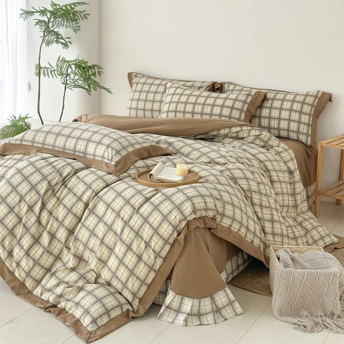 91家纺网 家纺一手货源 找家纺 雨田家纺 2025新款A类汉麻双层纱四件套 格韵-咖