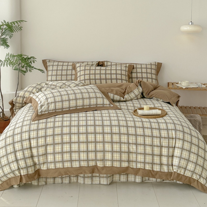 91家纺网 家纺一手货源 找家纺 雨田家纺 2025新款A类汉麻双层纱四件套 格韵-咖