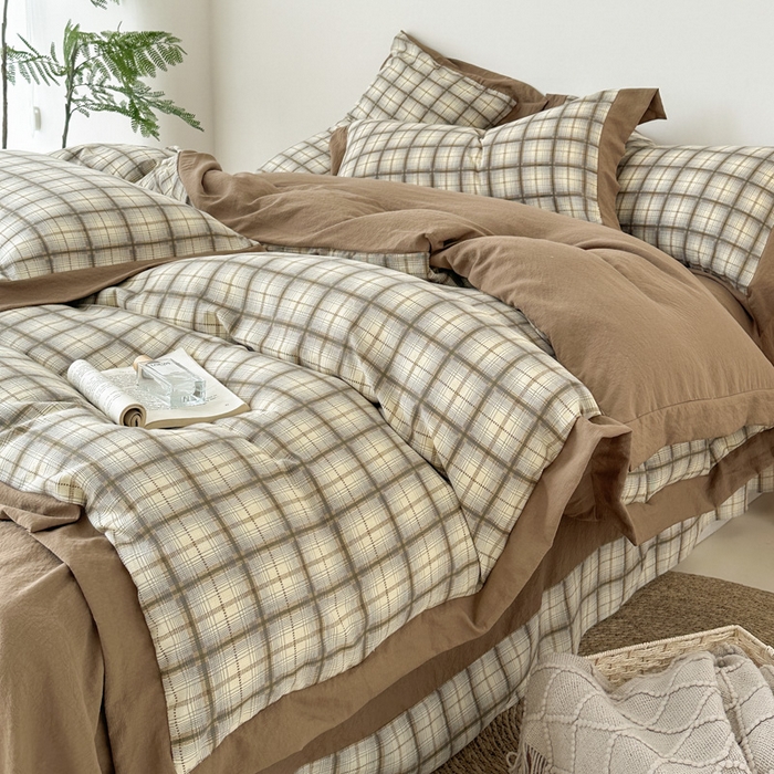 91家纺网 家纺一手货源 找家纺 雨田家纺 2025新款A类汉麻双层纱四件套 格韵-咖