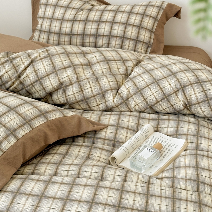 91家纺网 家纺一手货源 找家纺 雨田家纺 2025新款A类汉麻双层纱四件套 格韵-咖