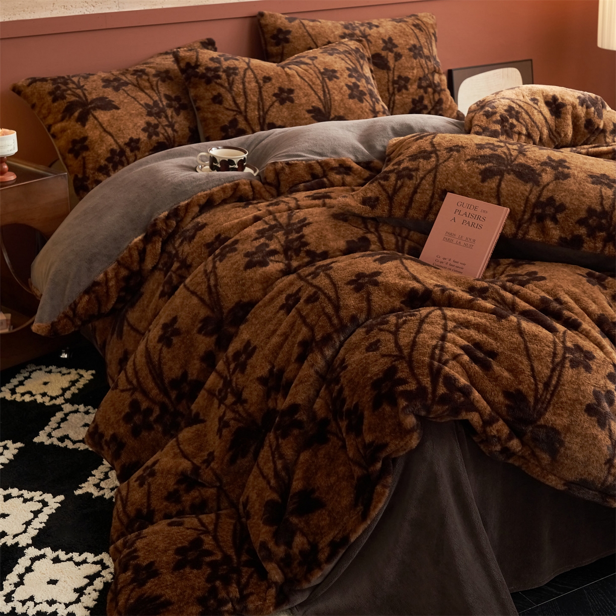 91家纺网 家纺一手货源 找家纺 金鹰 2025新款暖肤兔毛绒四件套牛奶绒四件套 繁花