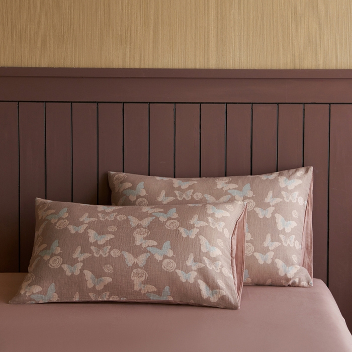 91家纺网 家纺一手货源 找家纺 宜代光年 2025新款彩色色织大提花纱布四件套 蝶舞-咖