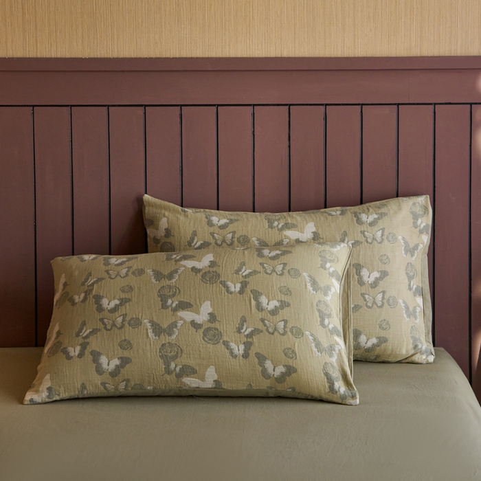 91家纺网 家纺一手货源 找家纺 宜代光年 2025新款彩色色织大提花纱布四件套 蝶舞-绿